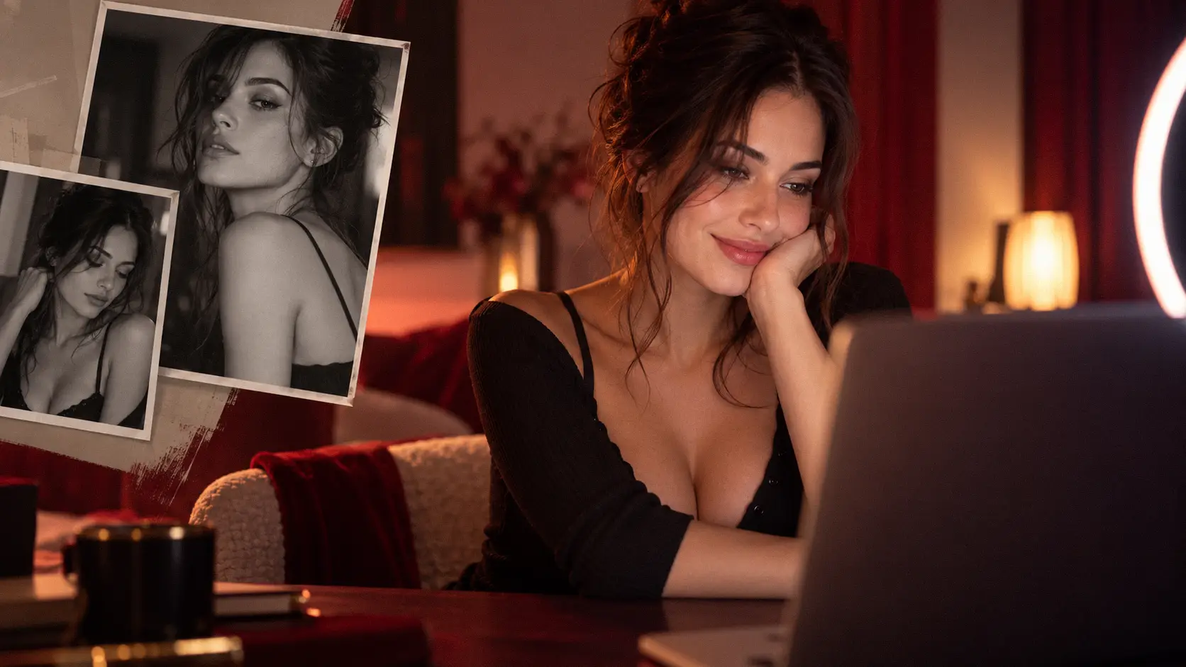Modèle webcam dans une ambiance tamisée, entre portraits photo et diffusion en direct sur ordinateur